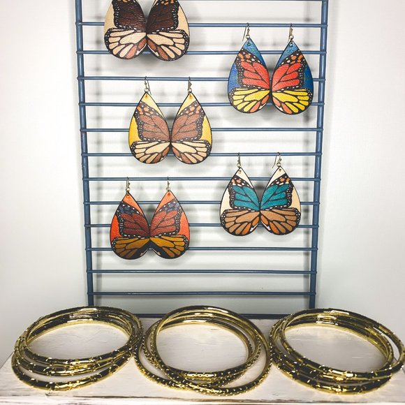 Butterfly Dangle Earrings-Brown and Tan with Yellow background - Picture 3 of 3